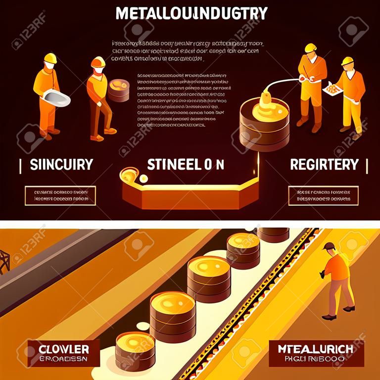 Izometryczne banery przemysłu metalurgicznego z producentami stali w ilustracji wektorowych przenośnika form odlewniczych i żeliwnych