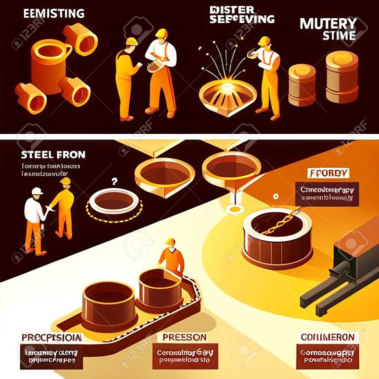 Izometryczne banery przemysłu metalurgicznego z producentami stali w ilustracji wektorowych przenośnika form odlewniczych i żeliwnych
