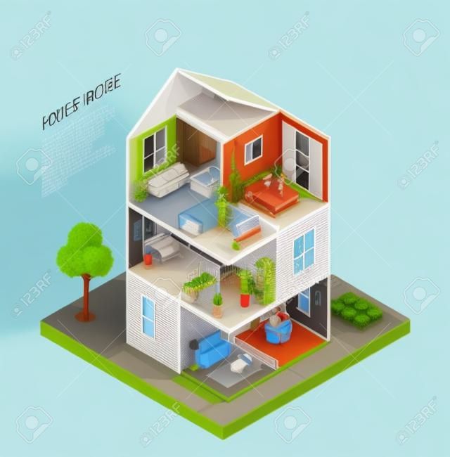 Huis met buren inclusief verwende kinderen, huilende baby, blaffende hond, mensen tijdens ruzie isometrische compositie vector illustratie