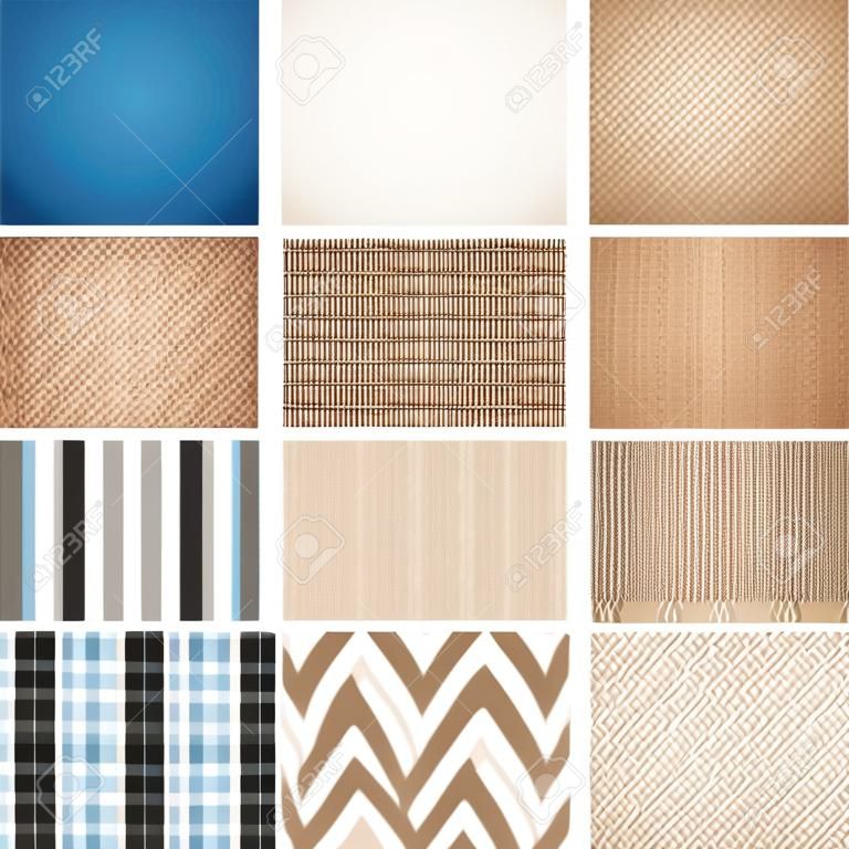 Realistyczne tekstylne 9 próbek kolekcji kwadratowych różnych włókien splatają teksturę kolor wzór tkaniny na białym tle ilustracji wektorowych