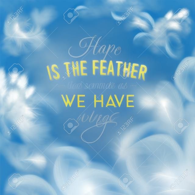 Blue cloudy sky realistic background with elegant white feathers