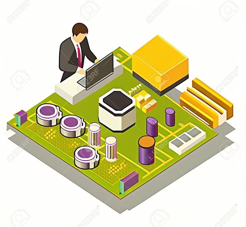 Semiconductor electronic components computer application symbolic isometric composition with desktop user mounted on circuit board vector illustration