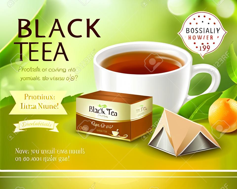 Czarna herbata reklamowa realistyczna kompozycja na zielonym niewyraźnym tle z kartonowym pudełkiem, filiżanką napoju, ilustracji wektorowych