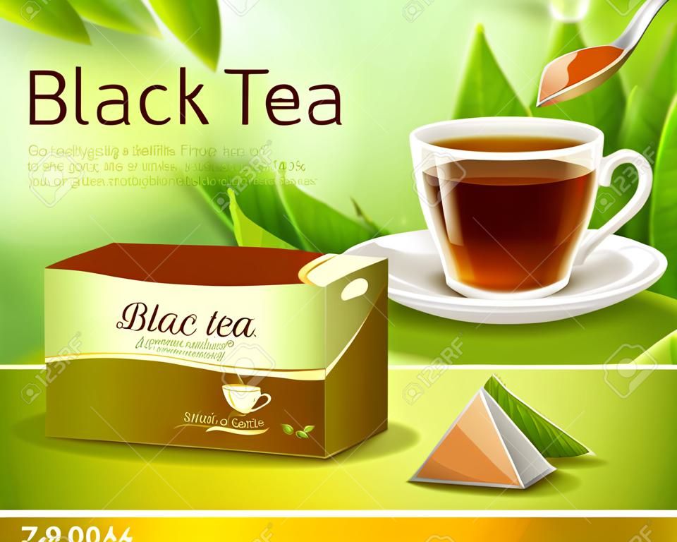 Czarna herbata reklamowa realistyczna kompozycja na zielonym niewyraźnym tle z kartonowym pudełkiem, filiżanką napoju, ilustracji wektorowych