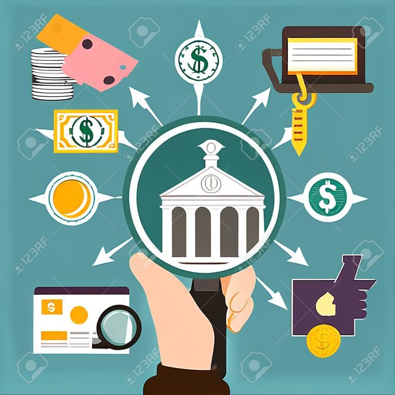 Colored flat money composition with viewing round icons under a magnifying glass. Vector illustration.