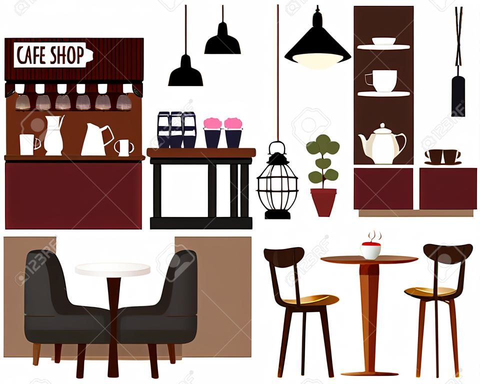 Cafetería cafetería interior detalles realista conjunto
