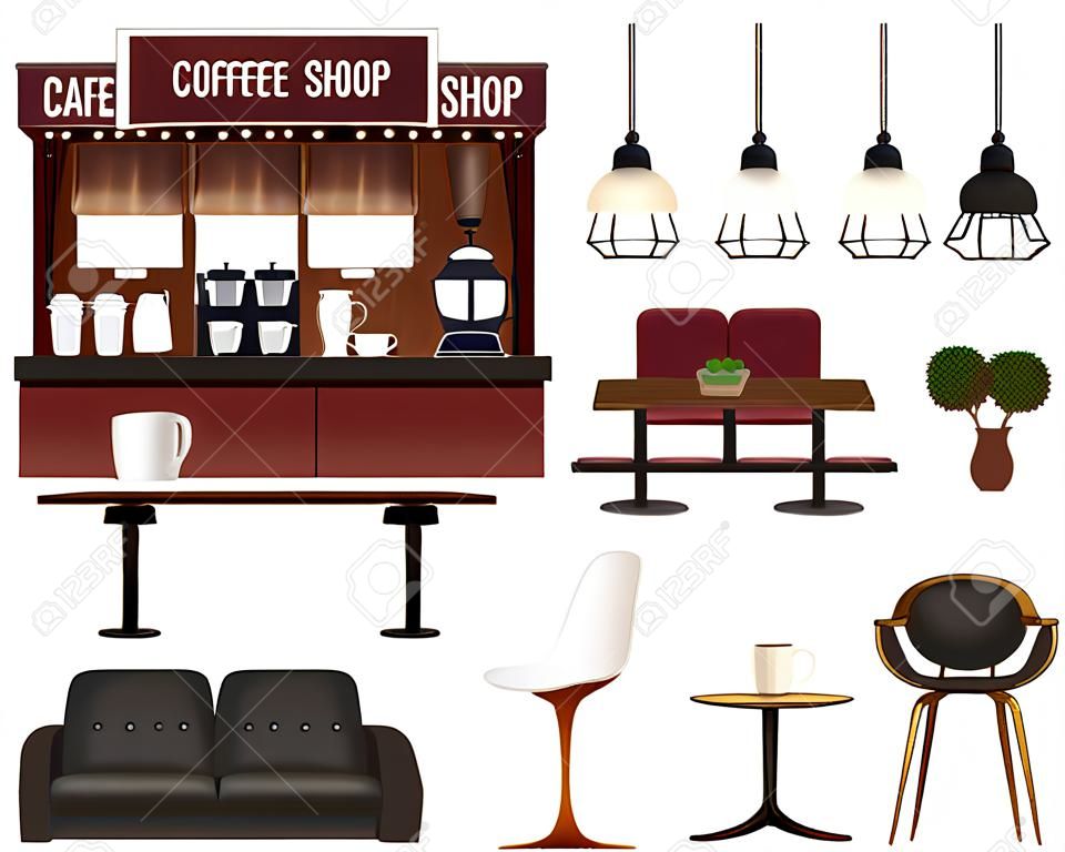 Realistyczny zestaw szczegółów wnętrza kawiarni kawiarni