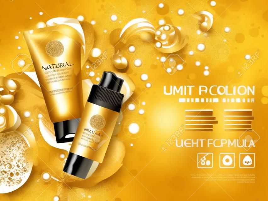 Natural cosmetics collection for all skin type advertising background in gold and black colors realistic vector illustration