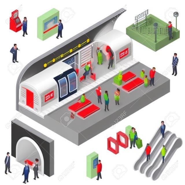 Izometryczny zestaw z pasażerami i pracownikami podziemnej stacji metra na białym tle ilustracji wektorowych 3d
