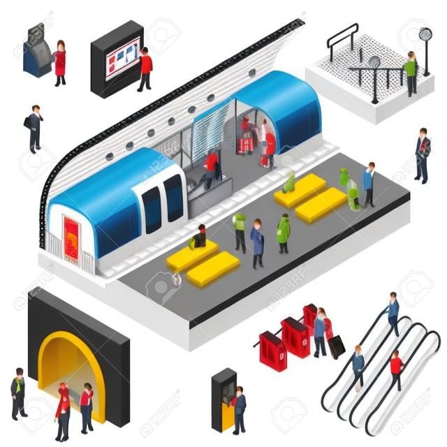 Isometrischer Satz mit Passagieren und Arbeitskräften an der Untertage-Metrostation lokalisiert auf weißer Vektorillustration des Hintergrundes 3d