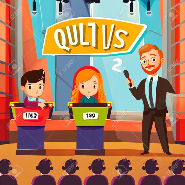 Kids quiz TV show with little connoiseurs symbols flat vector illustration