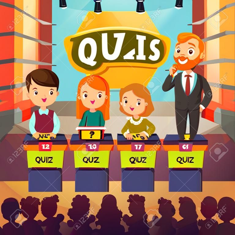 Kids quiz TV show with little connoiseurs symbols flat vector illustration