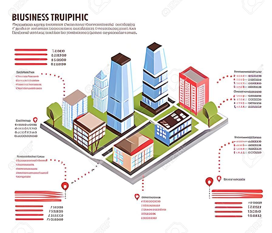 Nowoczesne centrum biznesowe miasta biura dzielnica i dzielnica mieszkaniowa budynki infrastruktura izometryczna infografika plakat wektor ilustracja