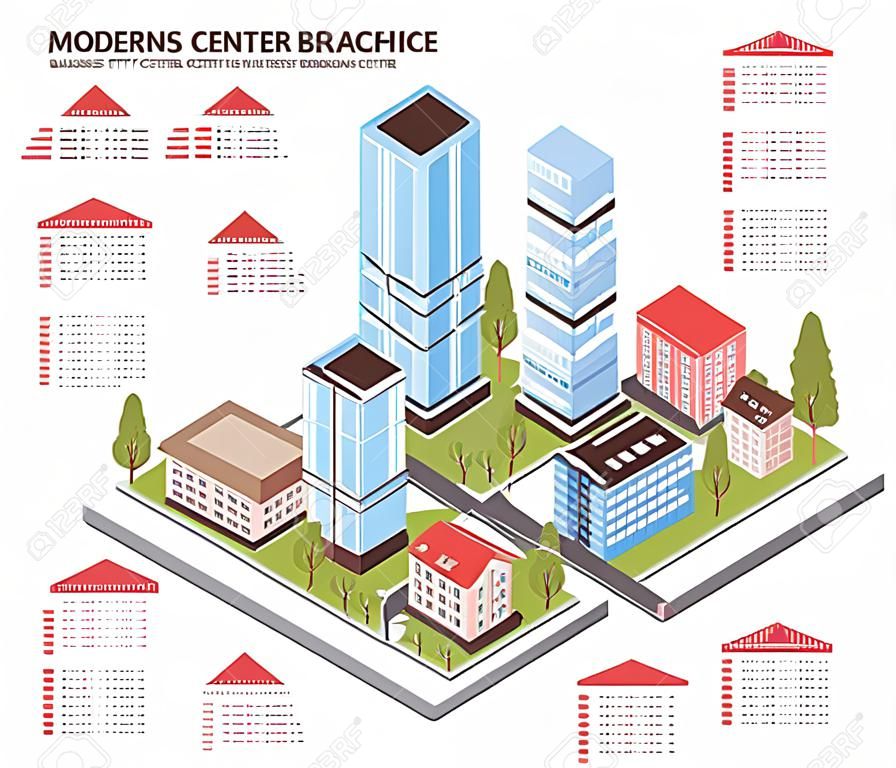 Illustrazione infographic isometrica di vettore del manifesto del distretto centrale moderno degli uffici del centro urbano e delle costruzioni di zona residenziale