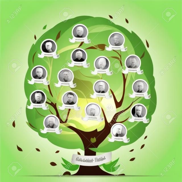 Modello genealogico dell'albero con le strutture rotonde per i ritratti dei familiari sull'illustrazione verde di vettore del fondo del fogliame