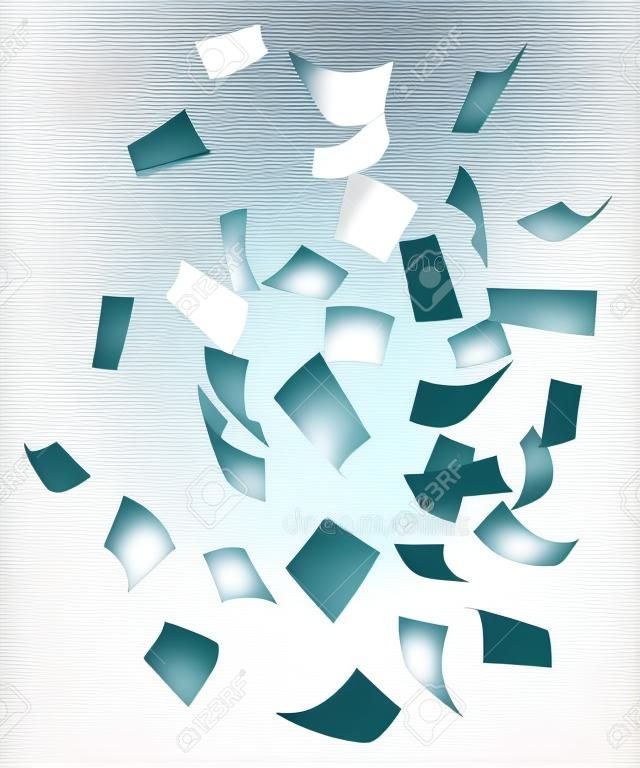 Chaotic falling flying empty white paper sheets with curved corners on transparent background realistic vector illustration