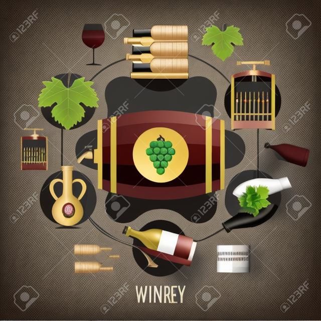 Winery flat concept with wine bottles and casks on dark background vector illustration