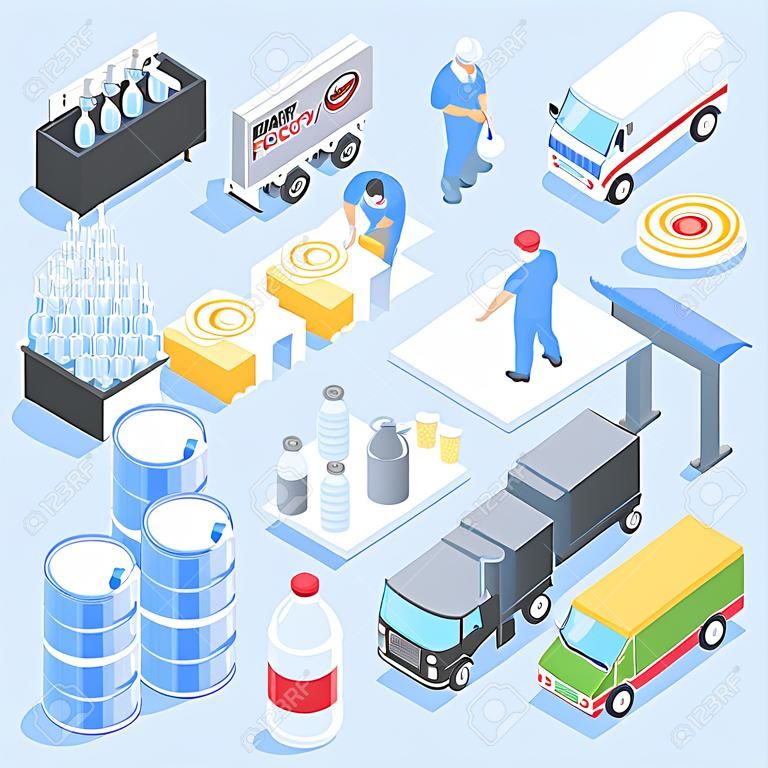 Dairy factory isometric icons with pouring milk in bottle, cheese production, transportation for delivery isolated vector illustration