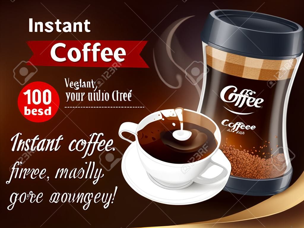 Poster de composição realista de anúncio de café instantâneo com embalagem e copo recém-fabricado na ilustração vetorial de fundo marrom