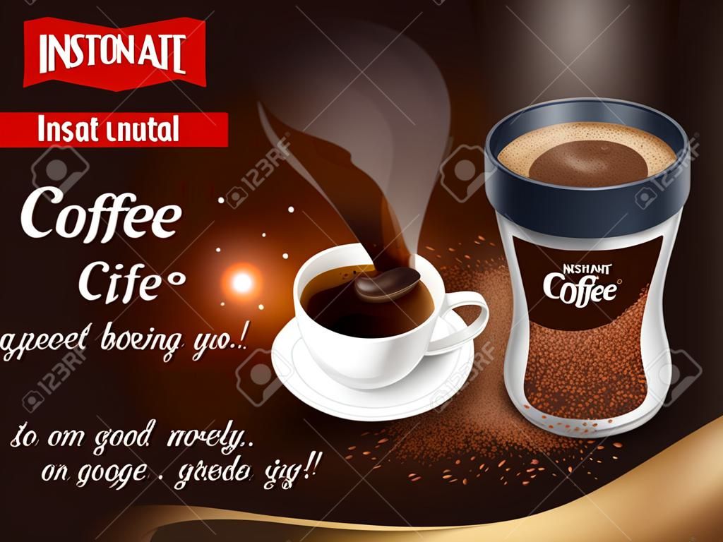 Affiche de composition réaliste de publicité de café instantané avec emballage et tasse fraîchement préparée sur illustration vectorielle fond marron