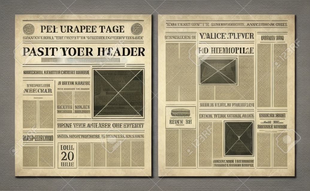 Alte Vintage Zeitung 2 realistische Seitenvorlagen für Sie Titel Header Edition Name Text isoliert Vektor-Illustration