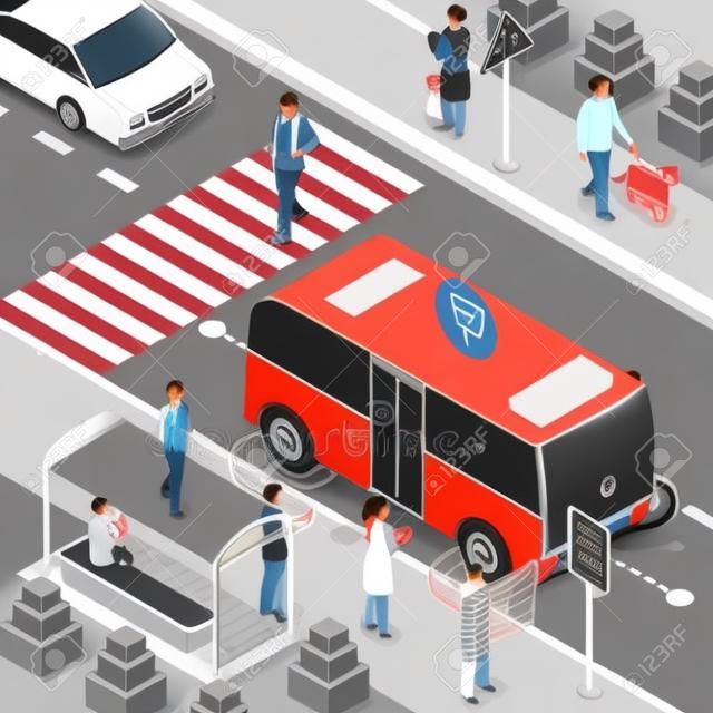 Skład izometryczny pojazdu autonomicznego z pieszymi na przejściu pasażera na przystanku transportu publicznego czeka ilustracja wektorowa bezzałogowego autobusu