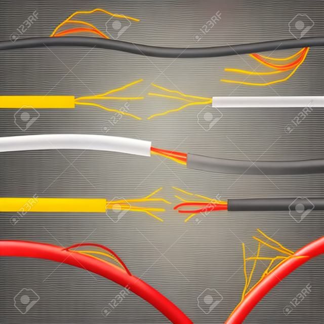Set of realistic damaged electric cables of various diameter and color with sticking wires isolated vector illustration
