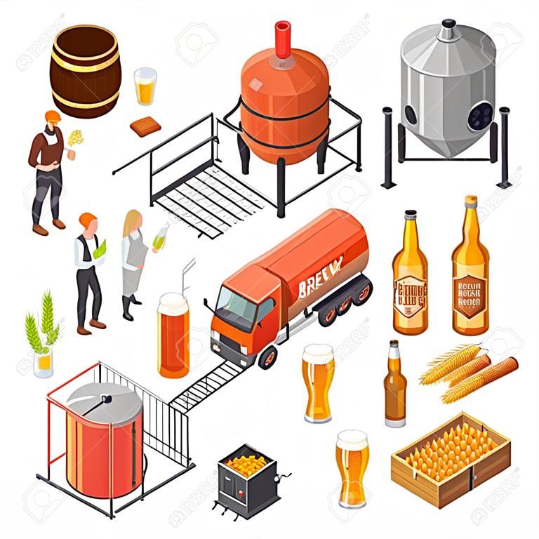 Isometrische Elemente der Brauerei, die mit Gerstenkornhopfen gesetzt werden, die kochende Fermentationsabfüllung alternde Transport-isolierte Vektorillustration mälzen