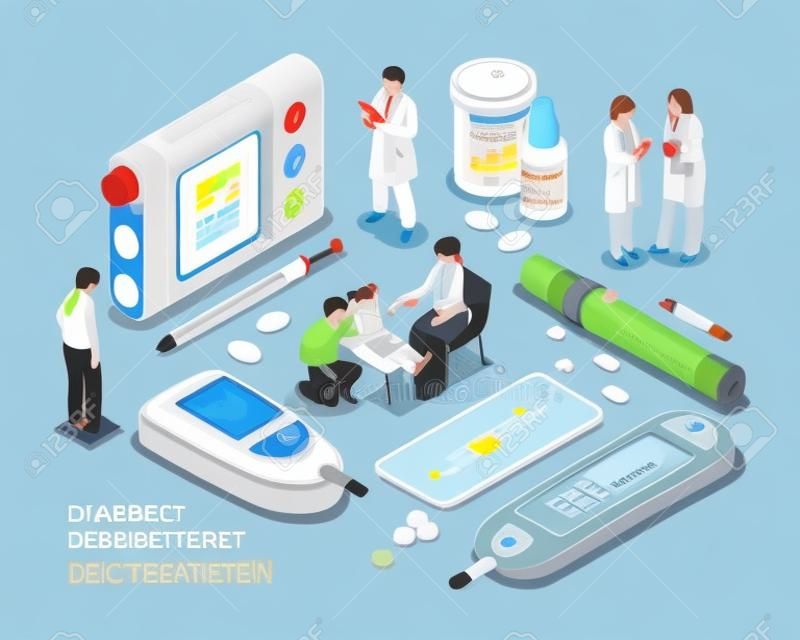 Diabetic patient life isometric composition with diagnosis sugar level tests weight control diet insulin injection vector illustration 