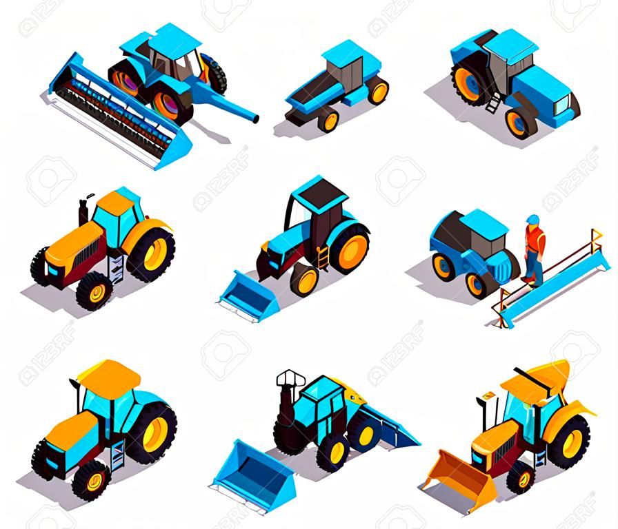 Le icone isometriche delle macchine agricole hanno messo con l'illustrazione di vettore isolata dello spruzzatore e del trattore
