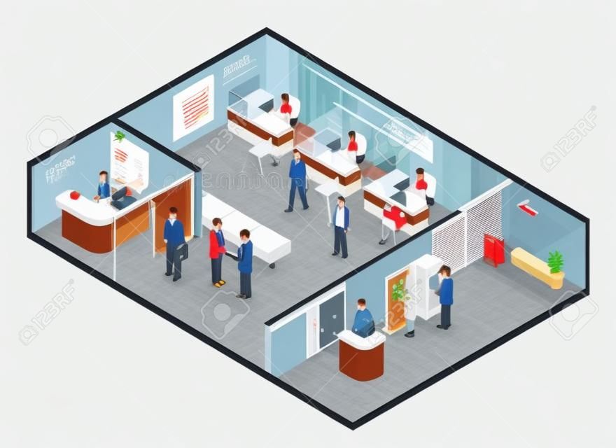 Bank isometric composition with indoor view of bank branch with working clerks and customer human characters vector illustration