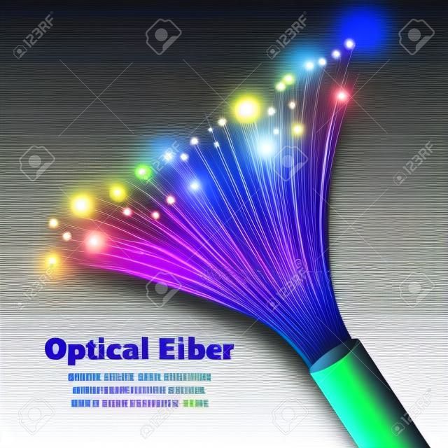Composizione realistica delle fibre ottiche dei cavi elettrici con l'illustrazione di vettore di effetto luminoso e gradiente multicolore