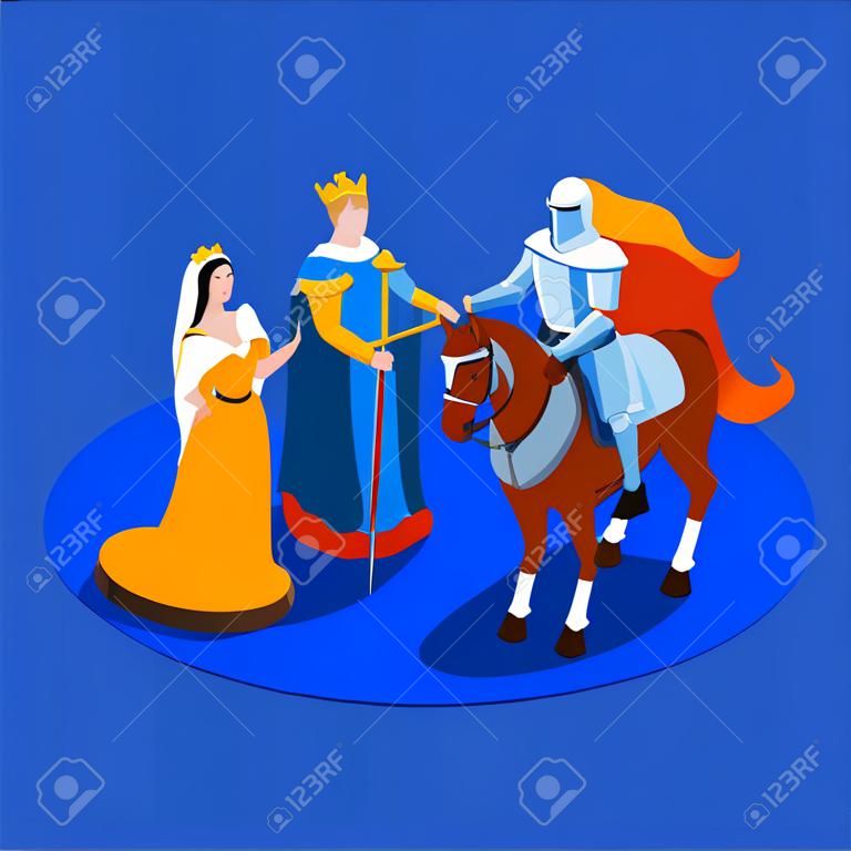 Chevalerie médiévale composition isométrique roi et reine chevalier en armure à cheval sur illustration vectorielle fond bleu
