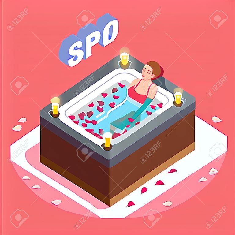 Woman in bath with rose petals during water therapy isometric composition on pink background vector illustration