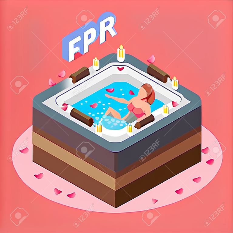 Woman in bath with rose petals during water therapy isometric composition on pink background vector illustration