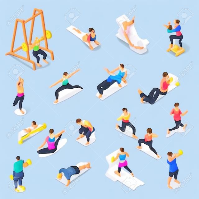Mensen die fitness en yoga in de sportschool isometrische set geïsoleerd in witte achtergrond 3d vector illustratie