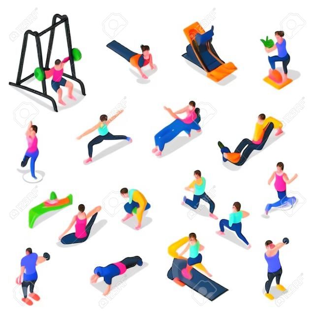 Personas que hacen fitness y yoga en el gimnasio conjunto isométrico aislado en la ilustración de vector 3d de fondo blanco