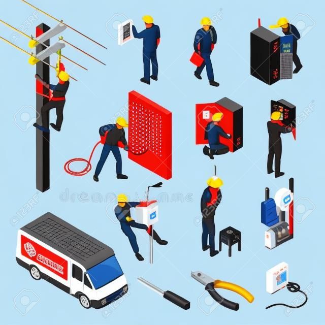 Eletricista isométrico profissão conjunto de ícones isolados com ferramentas instalações elétricas e personagens humanos de trabalhadores ilustração vetorial