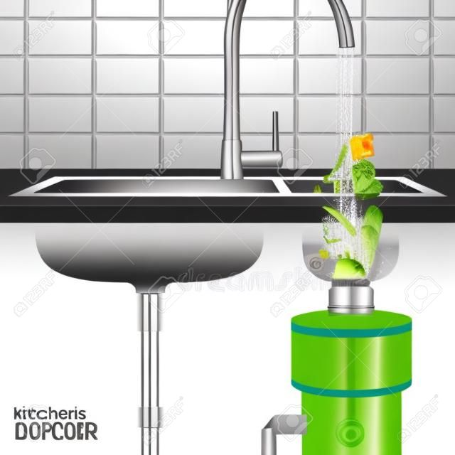 Kitchen sink with slices of vegetables falling with water into food waste disposer realistic vector illustration