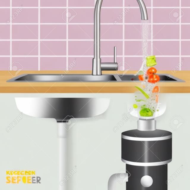 Lavello da cucina con fette di verdure che cadono con acqua nell'illustrazione realistica di vettore del dissipatore di rifiuti alimentari