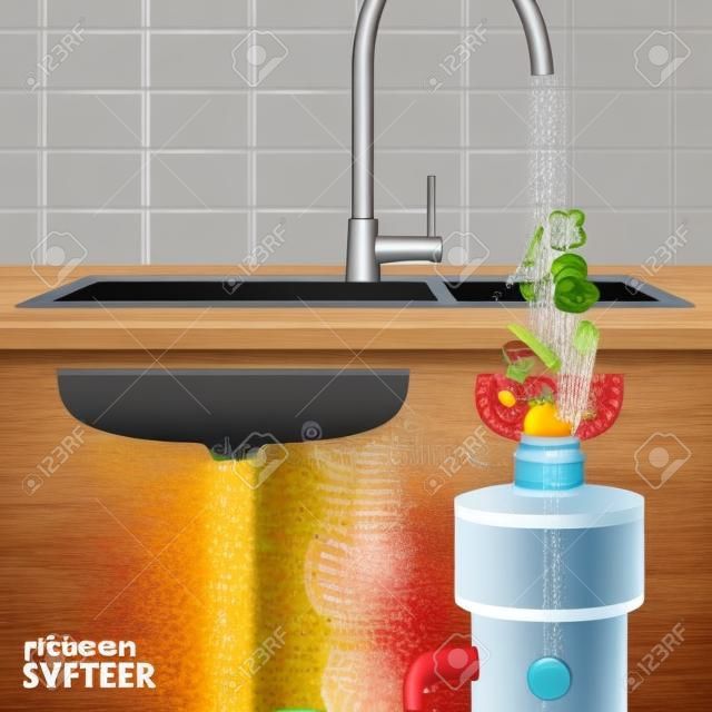 Kitchen sink with slices of vegetables falling with water into food waste disposer realistic vector illustration