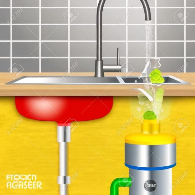 Fregadero de cocina con rodajas de verduras que caen con agua en la ilustración de vector realista de triturador de desperdicios de alimentos