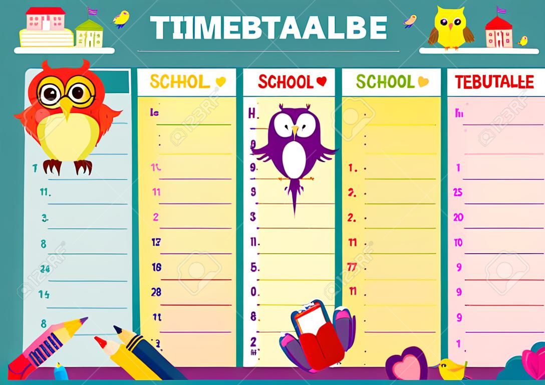 Colorful blank school timetable template with emotional owls flat vector illustration