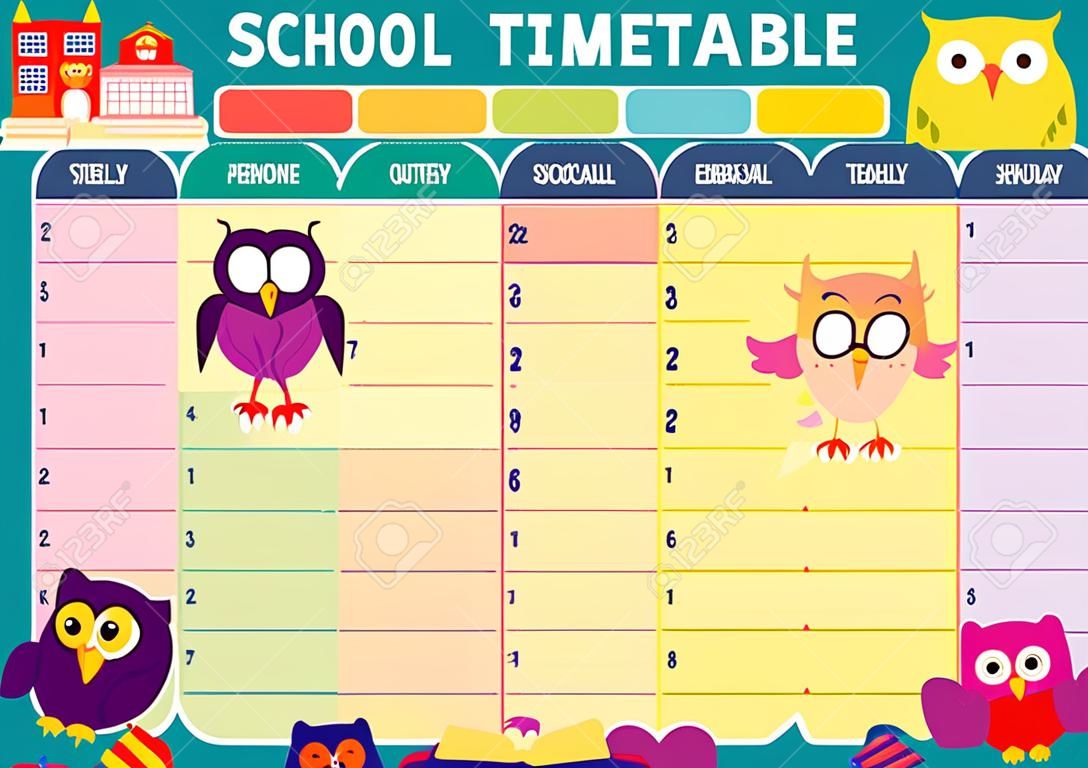 Modelo de horário de escola em branco colorido com ilustração vetorial plana de corujas emocionais