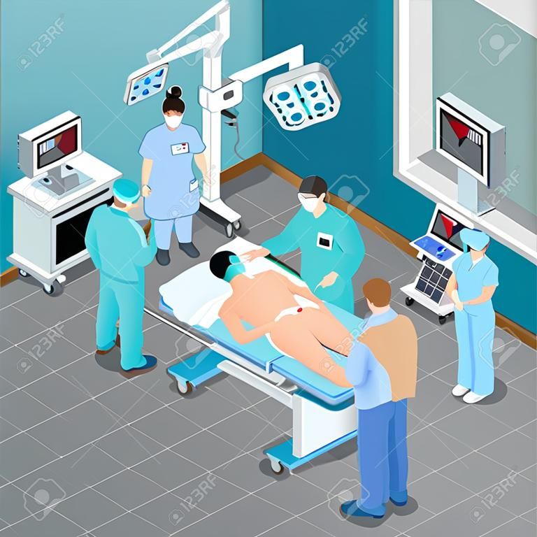 Composição isométrica do equipamento médico com vista da sala de cirurgia com aparelho e pessoas durante a ilustração vetorial de ataque cirúrgico