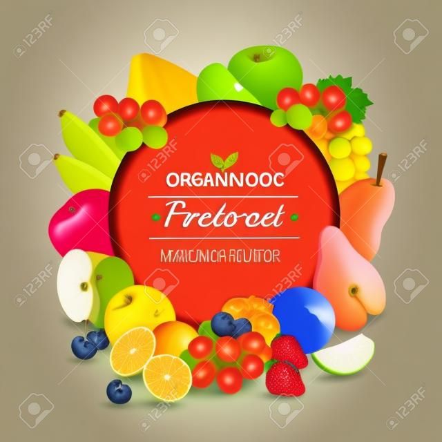 Fundo colorido de alimentos orgânicos com quadro de frutas e lugar redondo para ilustração vetorial realista de texto
