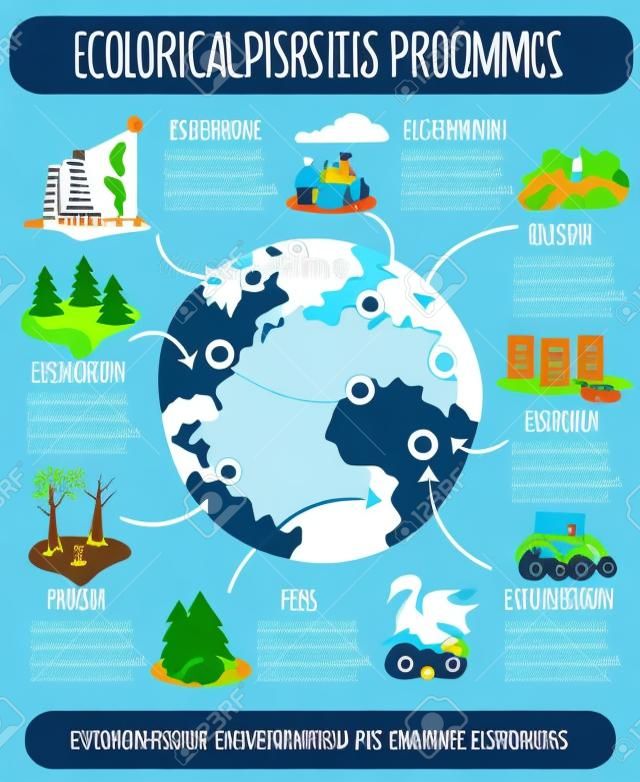 Flache Infografiken der ökologischen Probleme mit Erdplaneten und Umweltkatastrophen auf Vektorillustration des blauen Hintergrunds