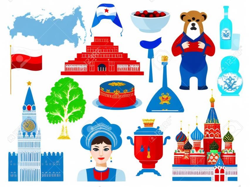 Rússia viajar símbolos tradições marcos plana conjunto com panquecas kremlin vodka urso borscht vidoeiro árvore ilustração vetorial