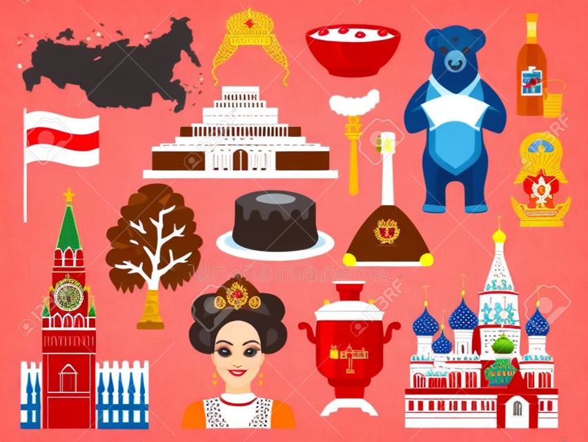 Rússia viajar símbolos tradições marcos plana conjunto com panquecas kremlin vodka urso borscht vidoeiro árvore ilustração vetorial