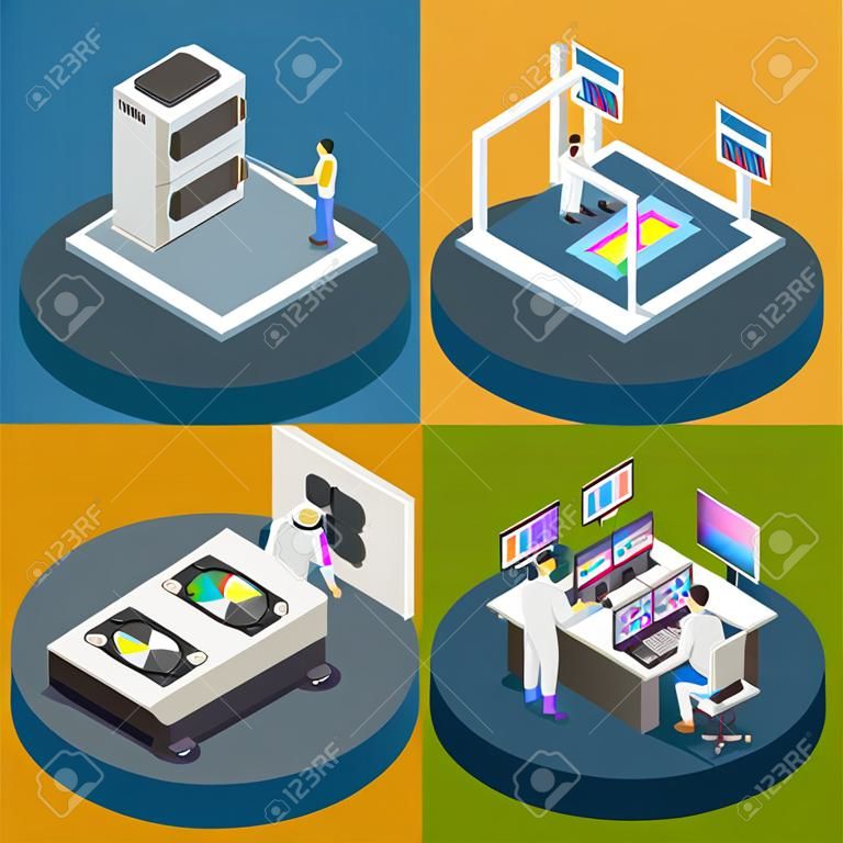 Semiconductor chip production isometric 2x2 design concept with images representing different stages of silicon chips manufactoring vector illustration